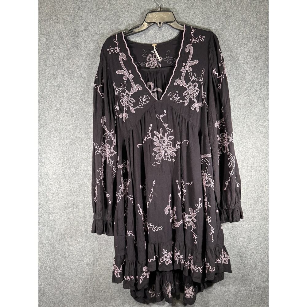 Free People mini dress Women L Black estella embroidered flowy boho Hippie relax